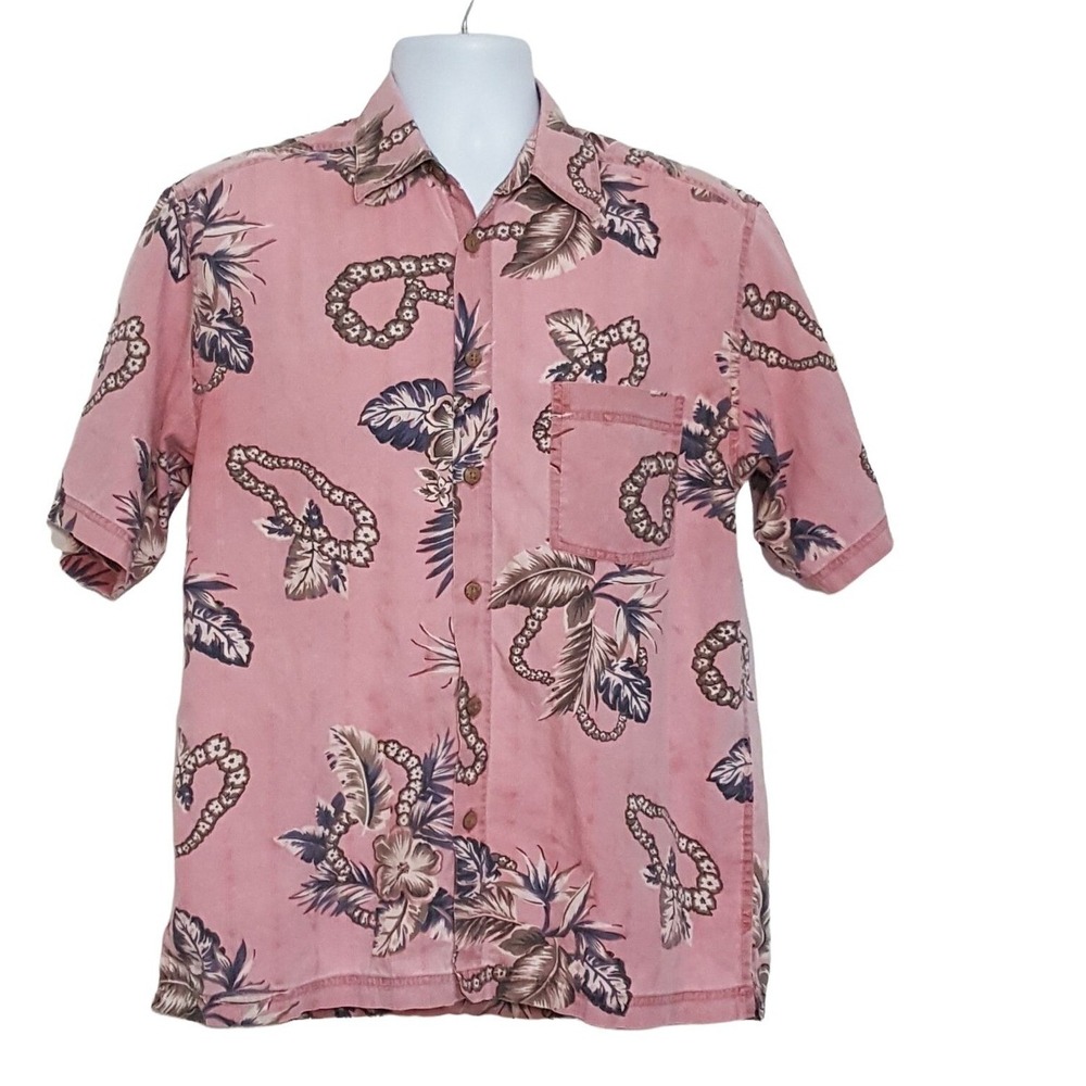 Izod Mens Short Sleeve Shirt M Pink Tropical Button Up Hawaiian Lei